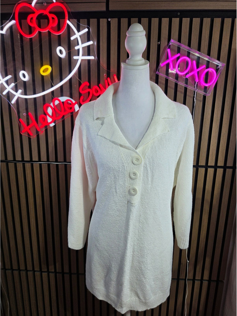 White Stag Women's Knit Pullover Sweater Collared Button White 3X Plus 3/4